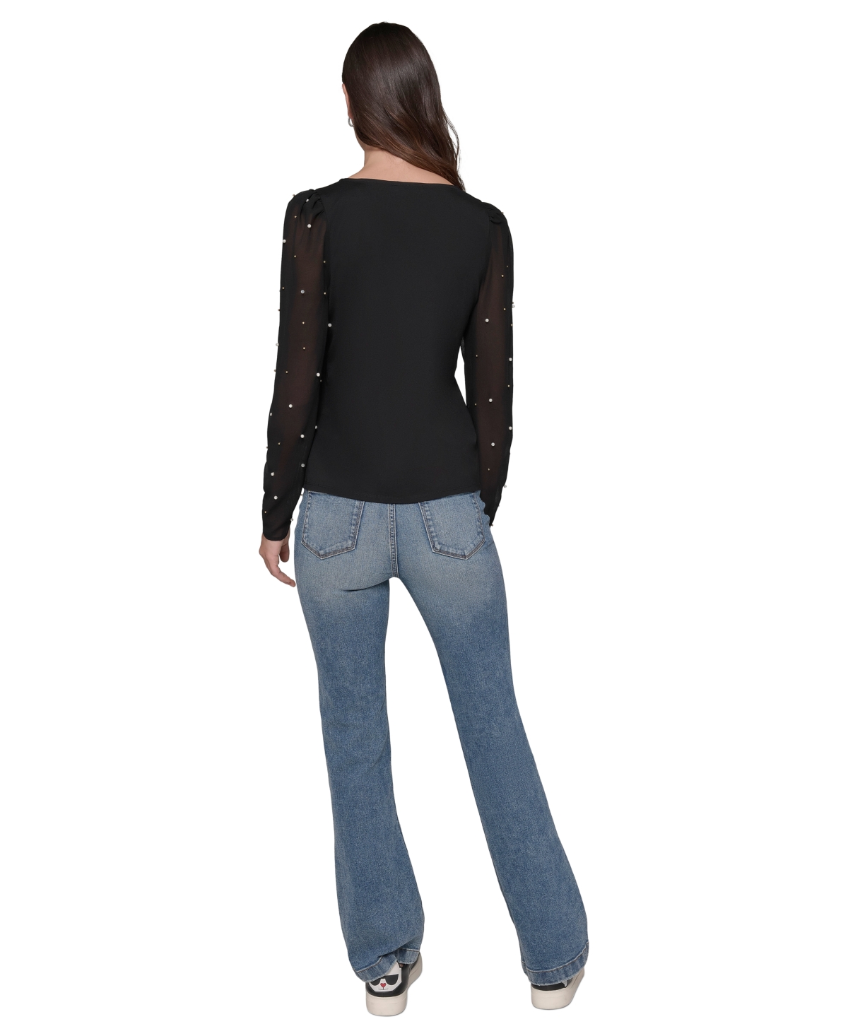 Karl Lagerfeld Paris Women's V-Neck Embellished Sheer-Sleeve Top