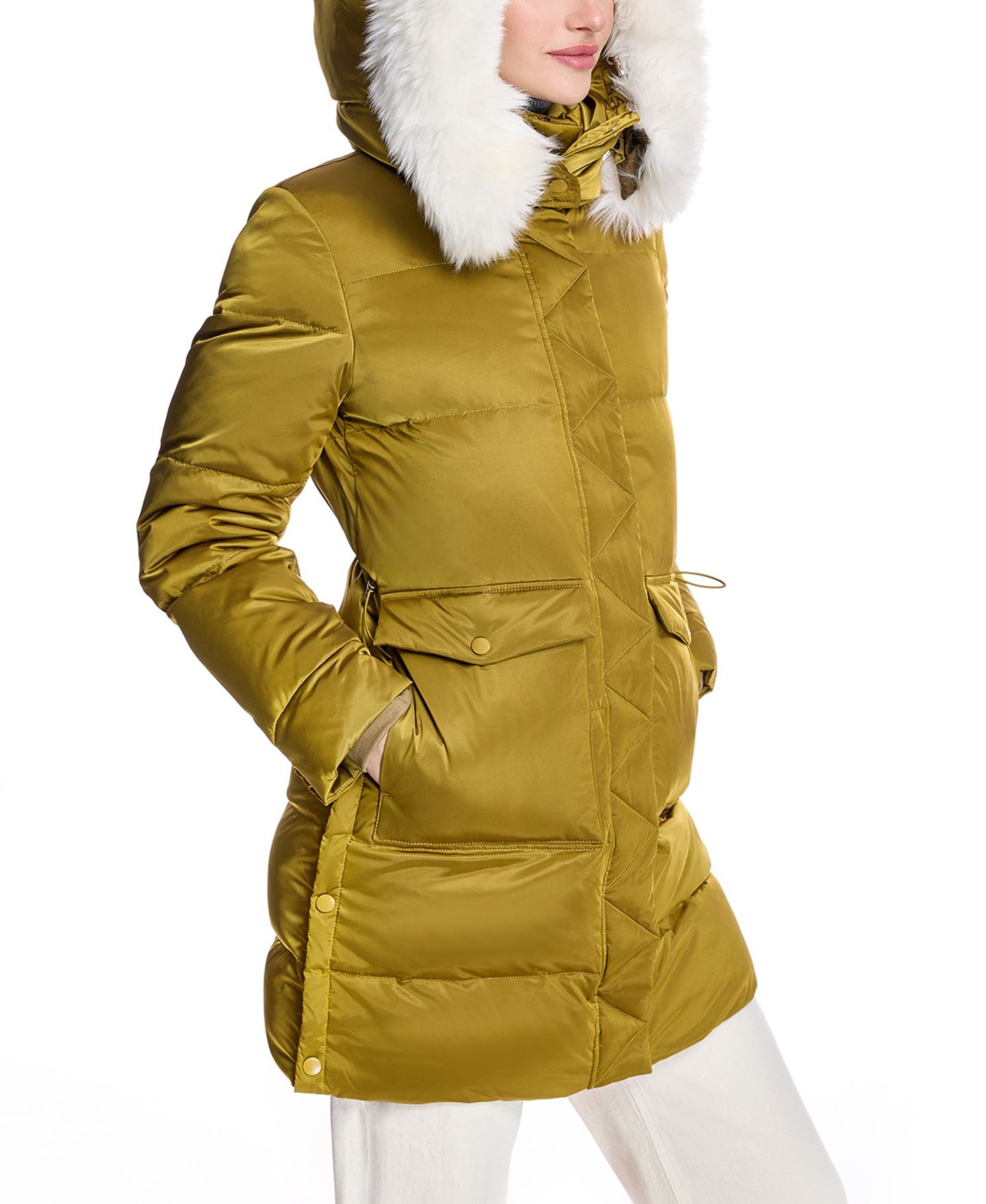 Женская куртка Julia & Stella By Maximilian Puffer Coat with Shearling Trim, цвет: Горчичный — фото 2