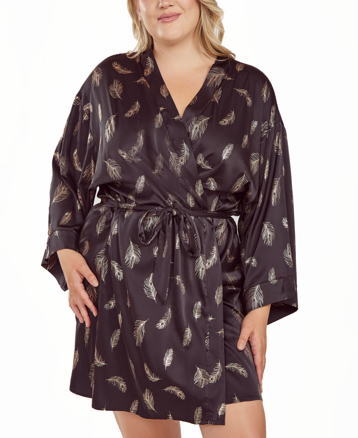 ICOLLECTION PLUS SIZE SILKY SELF TIE ROBE IN FEATHER PRINT 