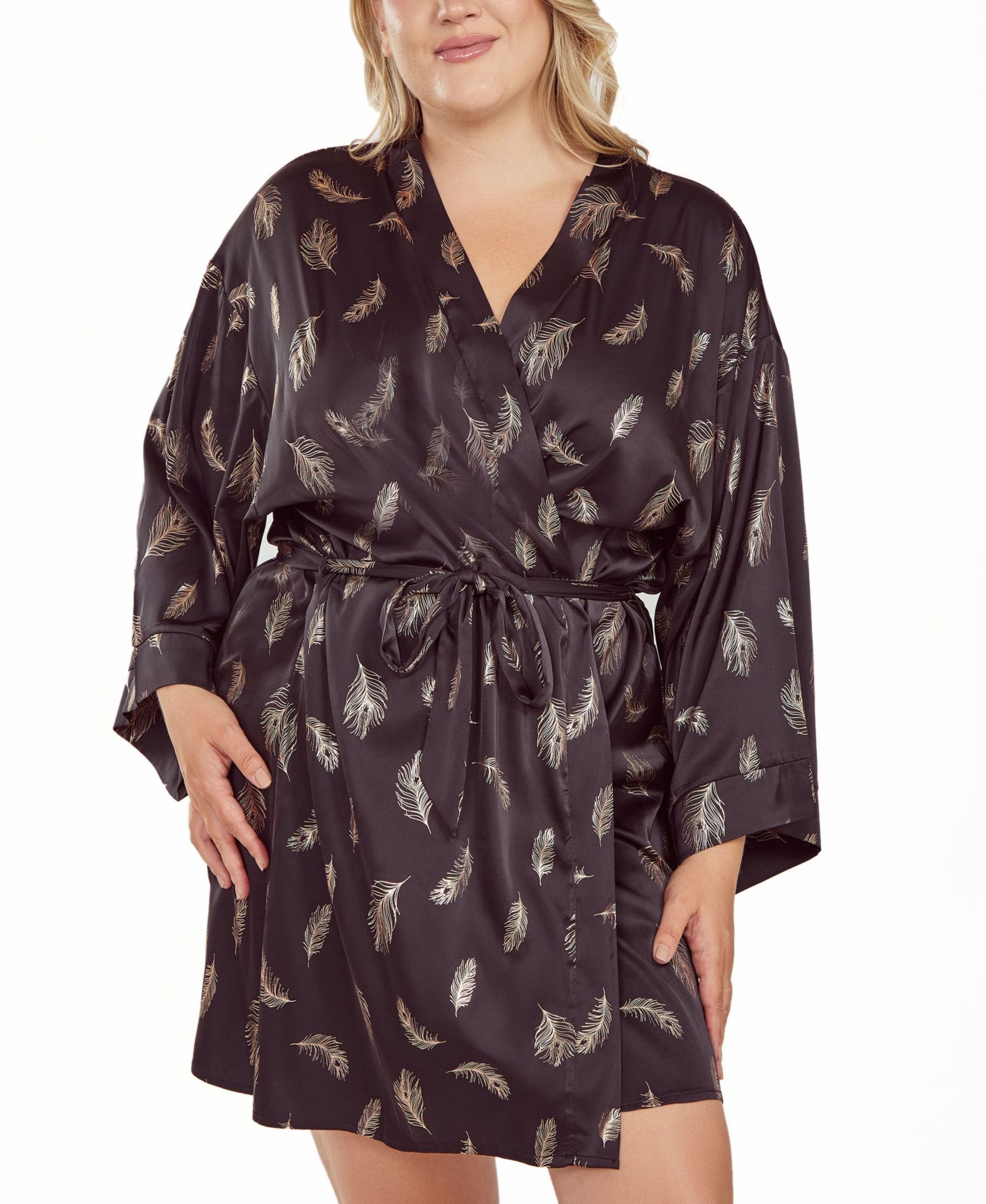 Plus Size Silky Self Tie Robe in Feather Print
