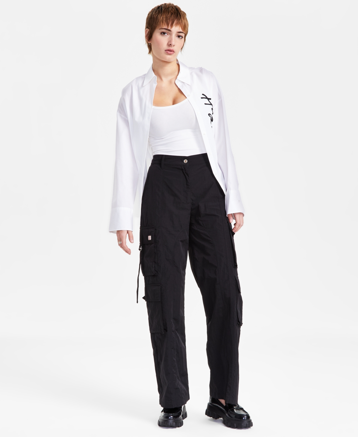 Women's Solid Wide-Leg Patch-Pocket Cargo Pants - Black