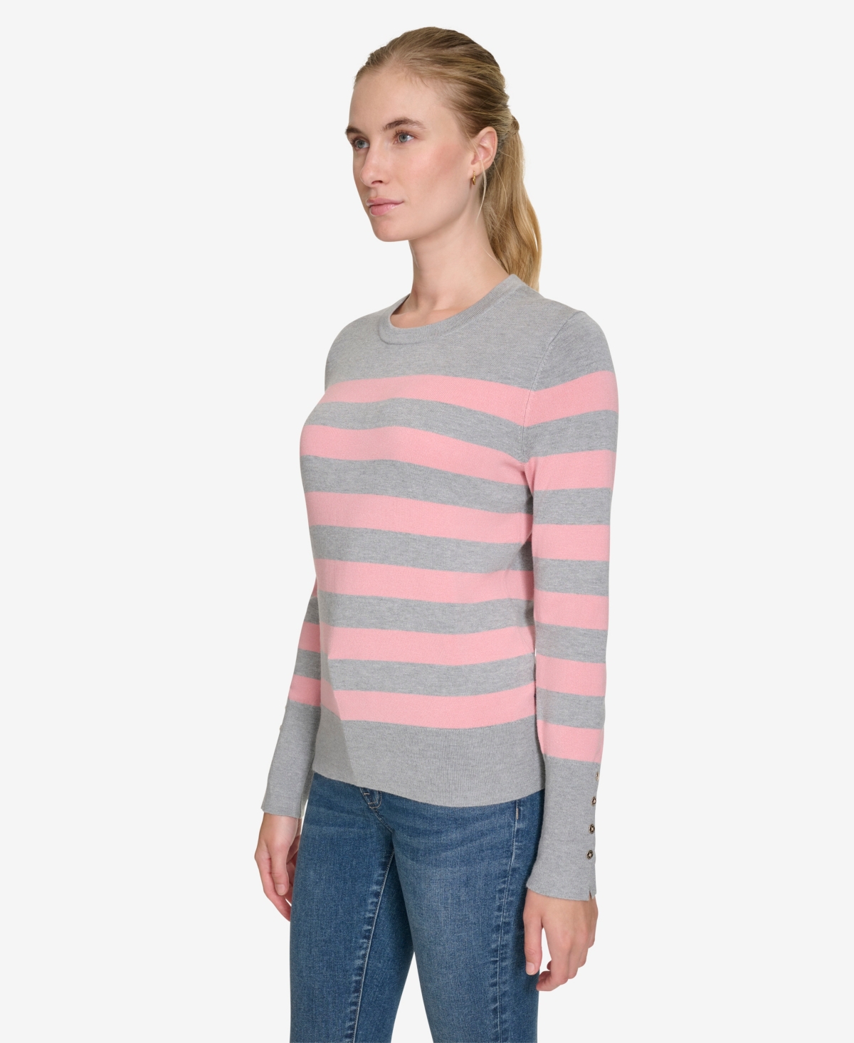 NAUTICA JEANS WOMEN'S CREWNECK STRIPE SWEATER WITH BUTTON SLEEVE 