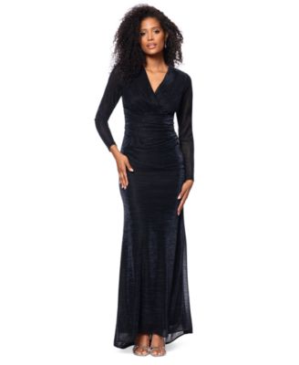 Betsy & Adam - Women's Metallic V-Neck Long-Sleeve Gown