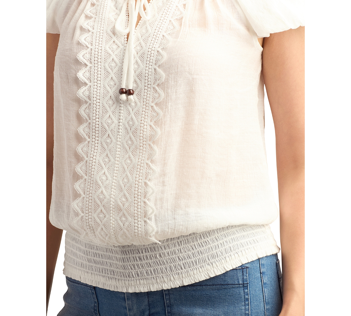 Bcx Juniors' Lace-Trim Smocked-Hem Tie-Neck Top