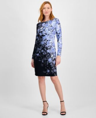 Kasper - Women's Long-Sleeve Side-Pleated Knit Dress