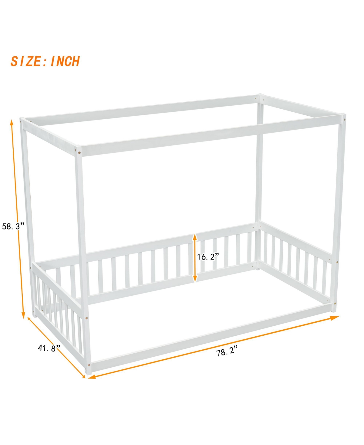 Slickblue Twin SizeCanopy Floor Bed Frame with Fence and Guardrails - White