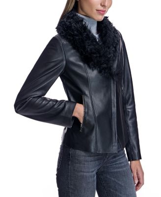 Women's Leather Jacket with Curly Lamb Collar