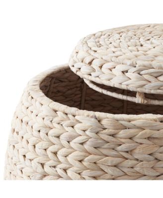 Round Storage Basket with Lid, Whitewash - Handwoven Water Hyacinth Hamper Organizer for Laundry, Blankets, Plants