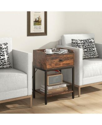 2 PCS Nightstand Side End Table w/ Charging Station Drawer Open Shelf