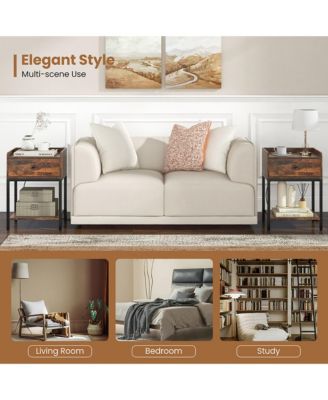 2 PCS Nightstand Side End Table w/ Charging Station Drawer Open Shelf