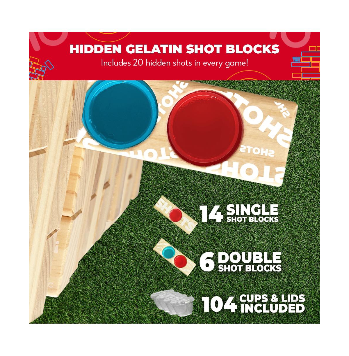 Swooc Giant Tower Party Game with Hidden Shots & 60 Commands - Includes 60 Blocks,104 Disposable Cups & Carrying Case