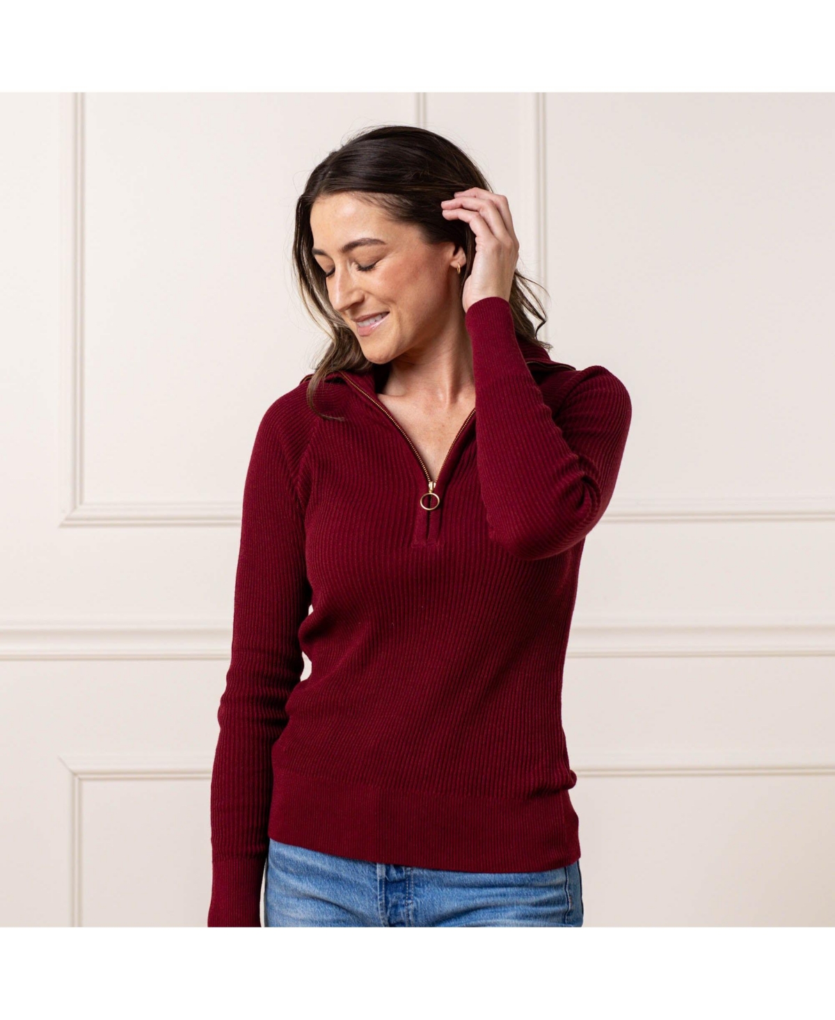 Hope & Henry Women's Organic Long Sleeve Fine Gauge Rib Knit Half Zip Sweater