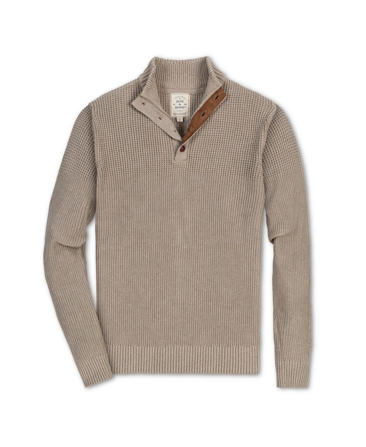 Hope & Henry Men's Organic Mock Neck Mix Stitch Button Sweater with Elbow Patches