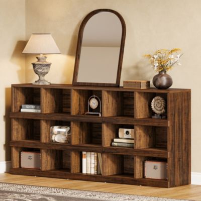 63-Inch Farmhouse Console Table, 15-Cube Narrow Entryway Table, 4-Tier Wood Behind Couch Sofa Table, All Wood Hallway Table with Storage for Entryway, Foyer, Living Room