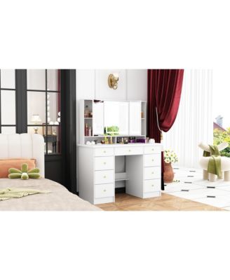 Pink Modern Makeup Vanity Desk 9-Drawers Wood Dressing Table with 3 Mirrors, Hidden Storage Shelves, LED Lighted Lights