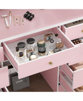 Pink Modern Makeup Vanity Desk 9-Drawers Wood Dressing Table with 3 Mirrors, Hidden Storage Shelves, LED Lighted Lights