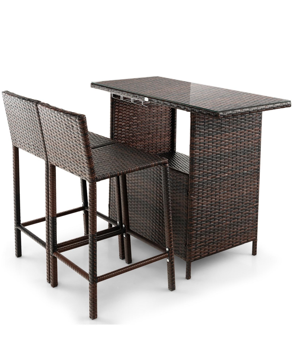 Sugift 3 Pieces Outdoor Wicker Bar Set with 3 Rows Stemware Racks - Dark brown