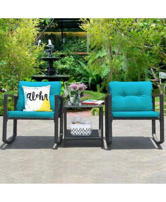 3 Pieces Cushioned Patio Rattan Set with Rocking Chair and Table-Blue