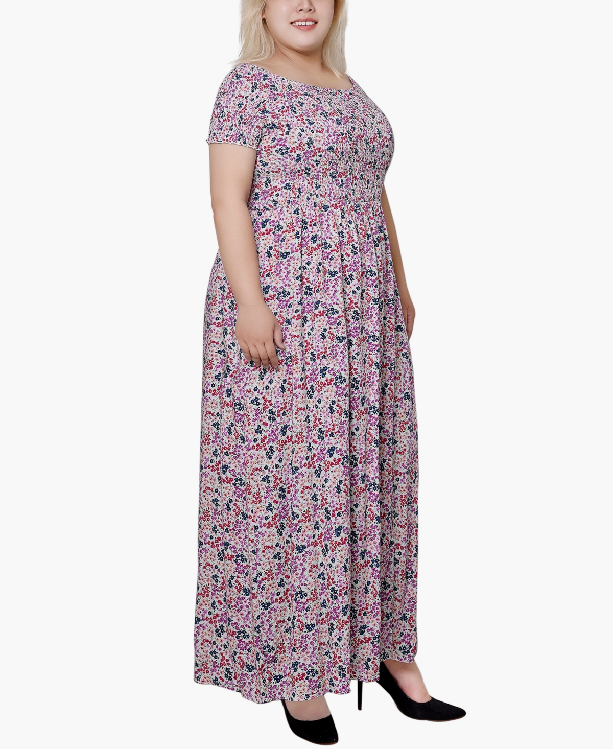 Shop Ny Collection Plus Size Smocked Bodice Maxi Dress In Ivory Ditsy Floral