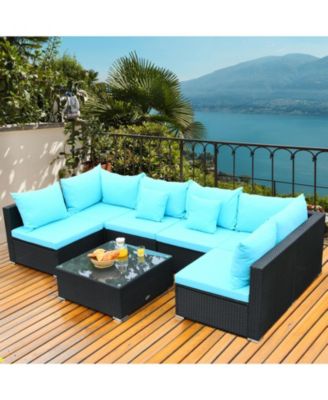 7 Pieces Sectional Wicker Furniture Sofa Set with Tempered Glass Top-Blue