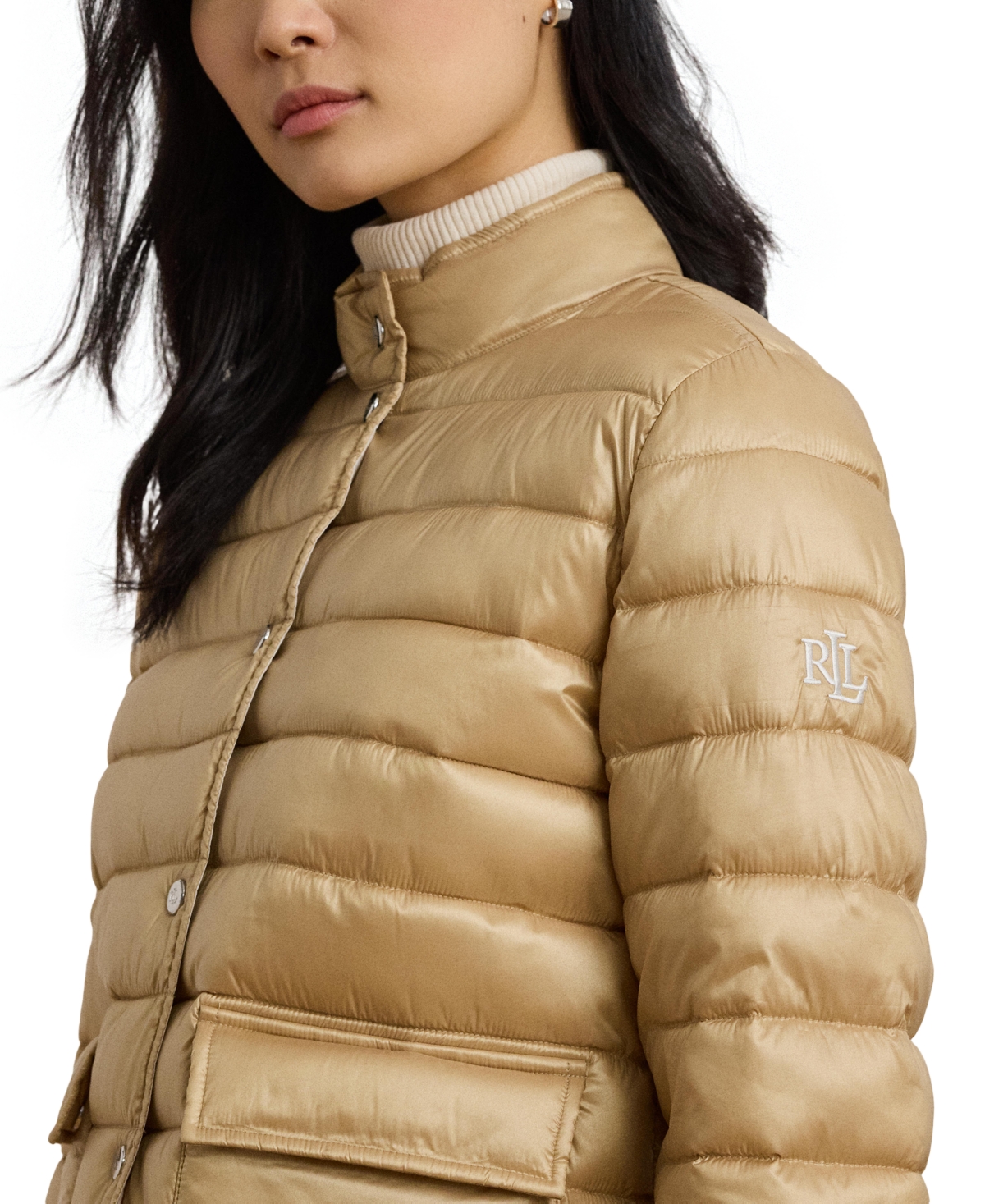 Shop Ralph Lauren Petite Snap-front Stand-collar Packable Coat In Sand Dune