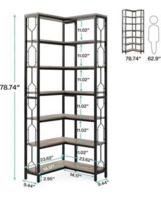 Corner Shelf, 7-Tier Industrial Corner Bookshelf, Wood and Metal Corner Etagere Bookcase, Freestanding Display Shelf for Living Room