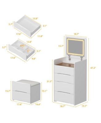 White Makeup Vanity Sets Dressing Chest with Flip-top Mirror, 3-Drawers, See-Through Glass Top, LED Lights and Stool