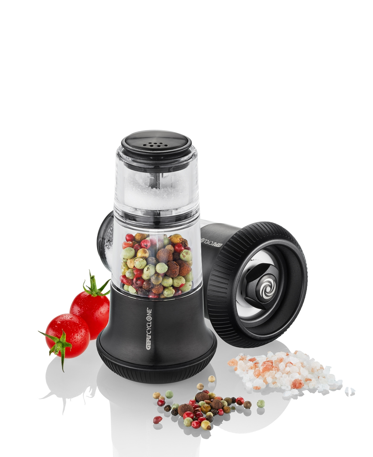Gefu Stainless Steel With Ceramic Grinder Black Finish Small Pepper Mill With Salt Shaker In Black