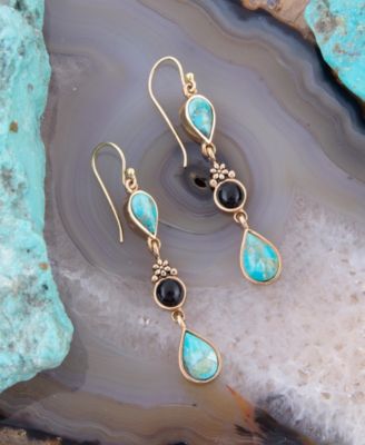 Barcelona Genuine Turquoise Onyx Golden Bronze Teardrop Drop Earrings
