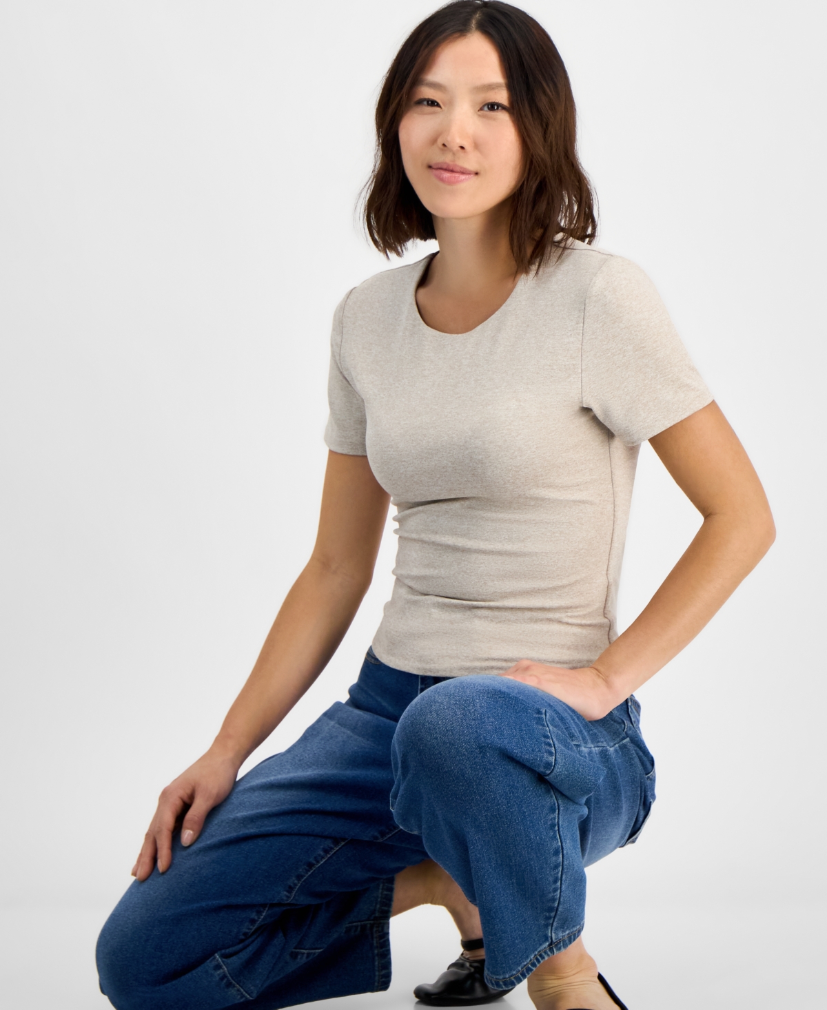 Petite Short-Sleeve Crewneck Top, Exclusively at Macy's - Black