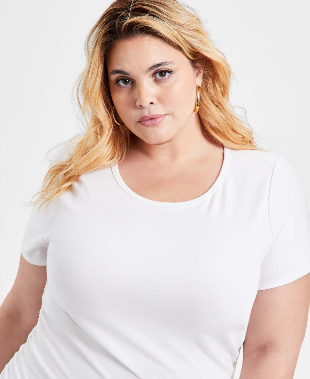 Bar Iii Trendy Plus Size Ponte Ruched Short-sleeve Midi Dress, Exclusively At Macy's In Crema
