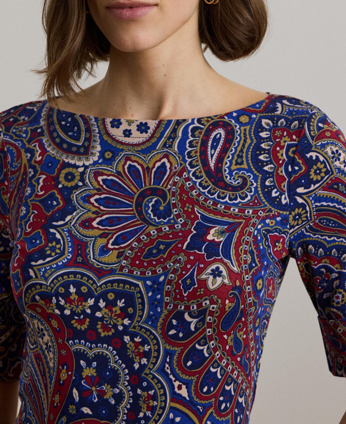 Lauren Ralph Lauren Women's Paisley Stretch Cotton Boatneck Tee -red/cream