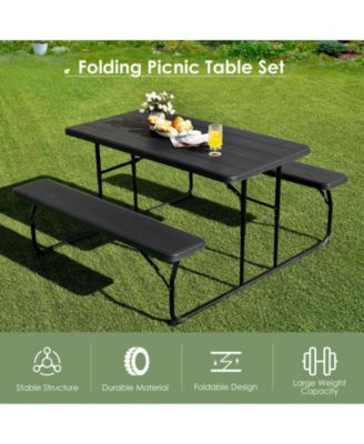 Folding Picnic Black Table Bench Set with Wood-like Texture