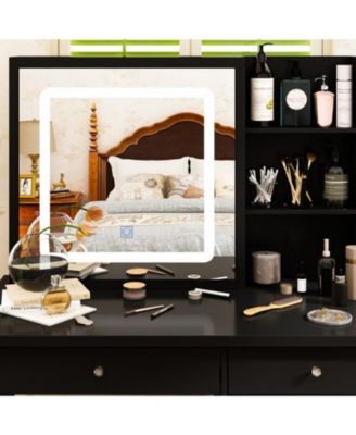 5-Drawers Black Wood LED Push-Pull Mirror Makeup Vanity Sets Dressing Table Sets with Stool and 3-Tier Storage Shelves