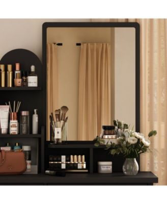 5-Drawers White Makeup Vanity Table Wooden Dressing Desk With Mirror and 3-Tier Storage Shelves