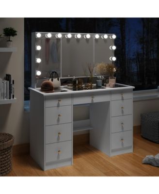 White Makeup Vanity Desk 9 Drawers Wood Dressing Table With 3 LED Bulb Light Mirrors, Glass Top, Hidden Storage Shelves