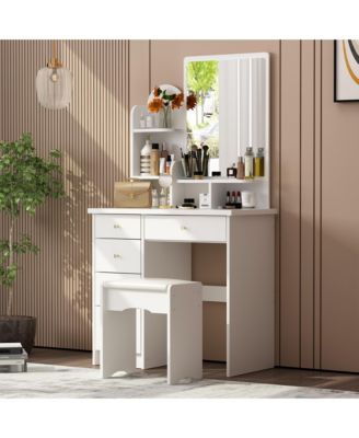 5-Drawers White Makeup Vanity Table Wooden Dressing Desk With Mirror and 3-Tier Storage Shelves