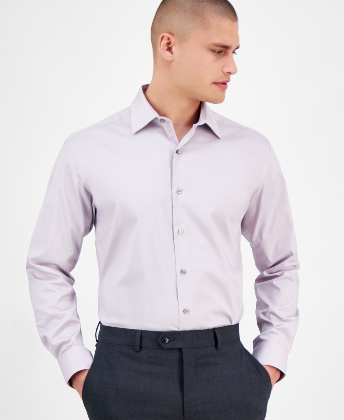 Alfani Men's Regular-fit Temperature Regulating Solid Dress Shirt, Created For Macy's In Shale Gray