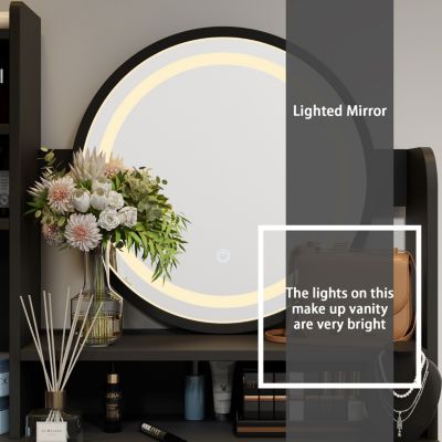 Light Mirror 5-Drawers Black Wood Makeup Vanity Set Dressing Desk