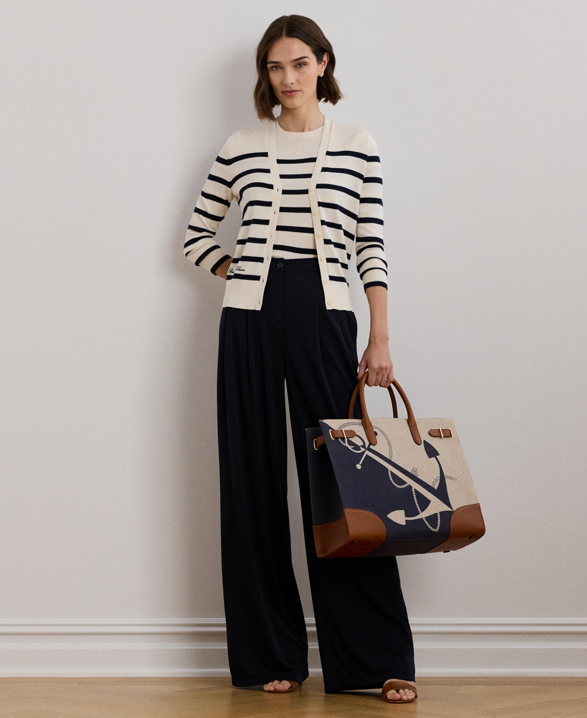 Lauren Ralph Lauren Women's Striped Cotton-Blend Cardigan, Regular & Petite - Mascarpone Cream  Lauren Navy
