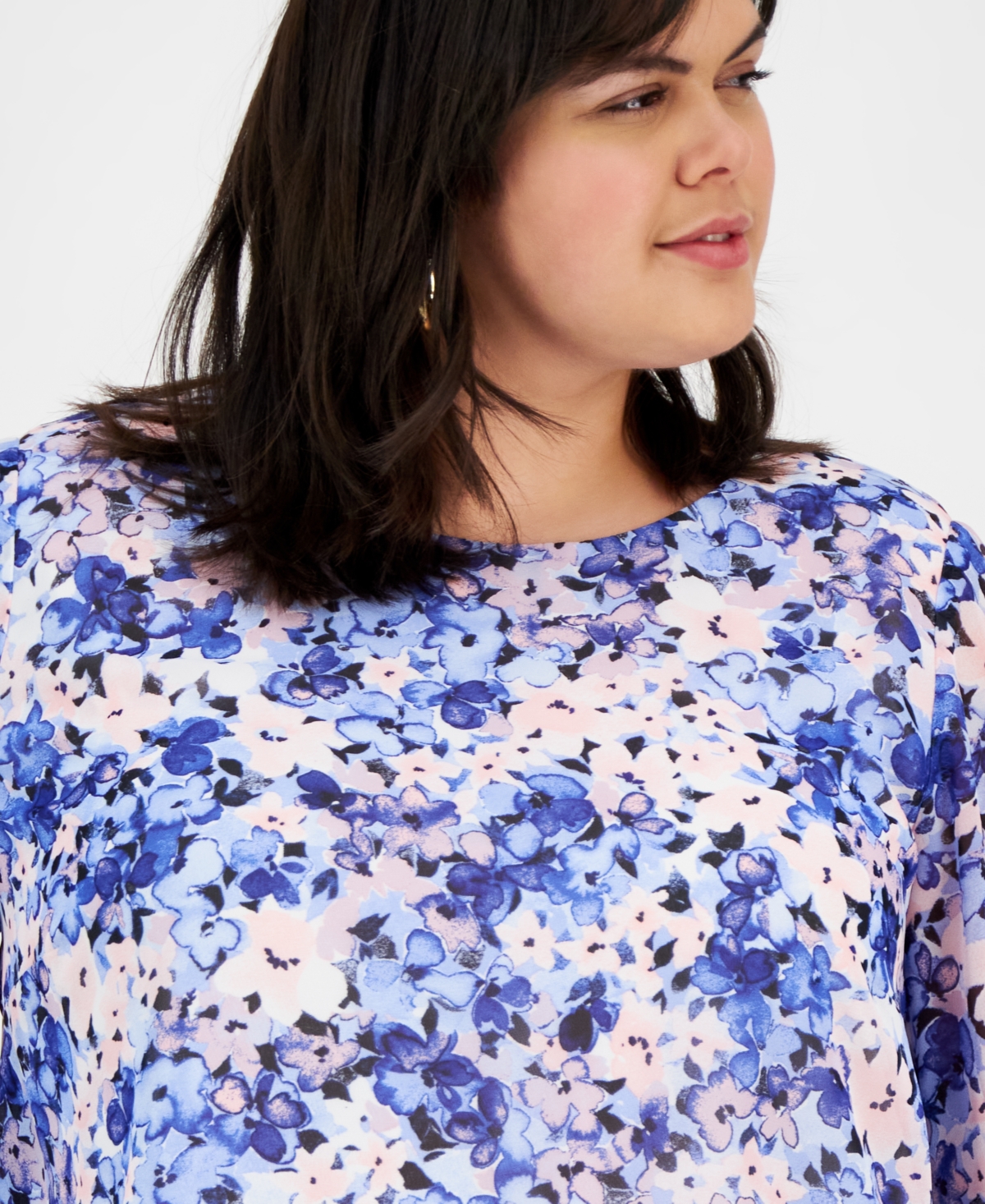 Kasper Plus Size Floral-print Ruffled Blouse In California Sky Multi
