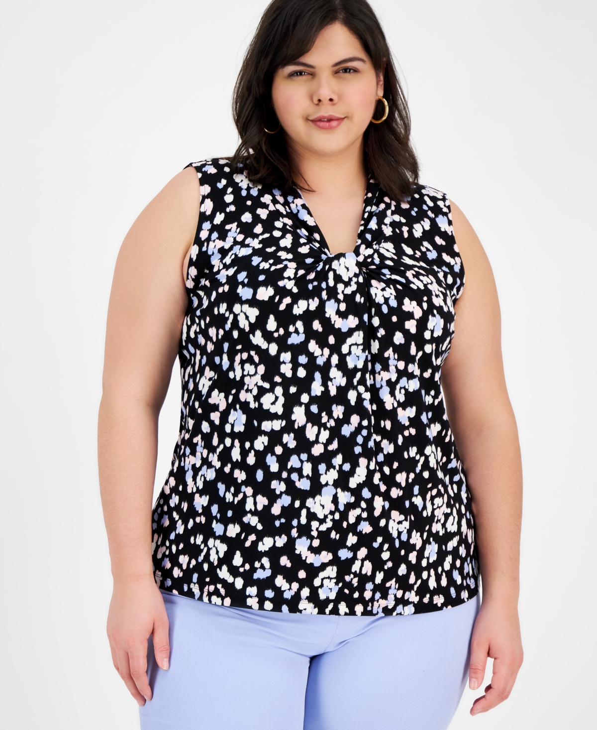 Plus Size Sleeveless Printed Knot-Front Blouse - Black Multi