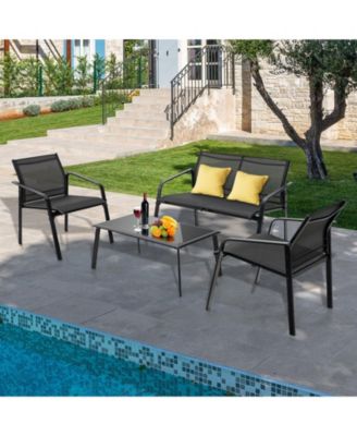 4 Pieces Patio Furniture Set with Armrest Loveseat Sofas and Glass Table Deck