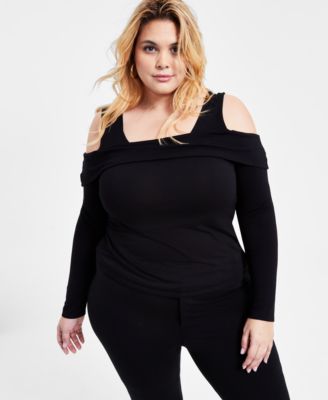 Bar III - Trendy Plus Cold-Shoulder Long-Sleeve Top