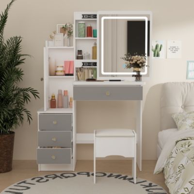 4-Drawer Vanity Set – Wood Makeup Table with LED Sliding Mirror, Stool, Cabinet & Shelves