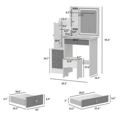 4-Drawer Vanity Set – Wood Makeup Table with LED Sliding Mirror, Stool, Cabinet & Shelves
