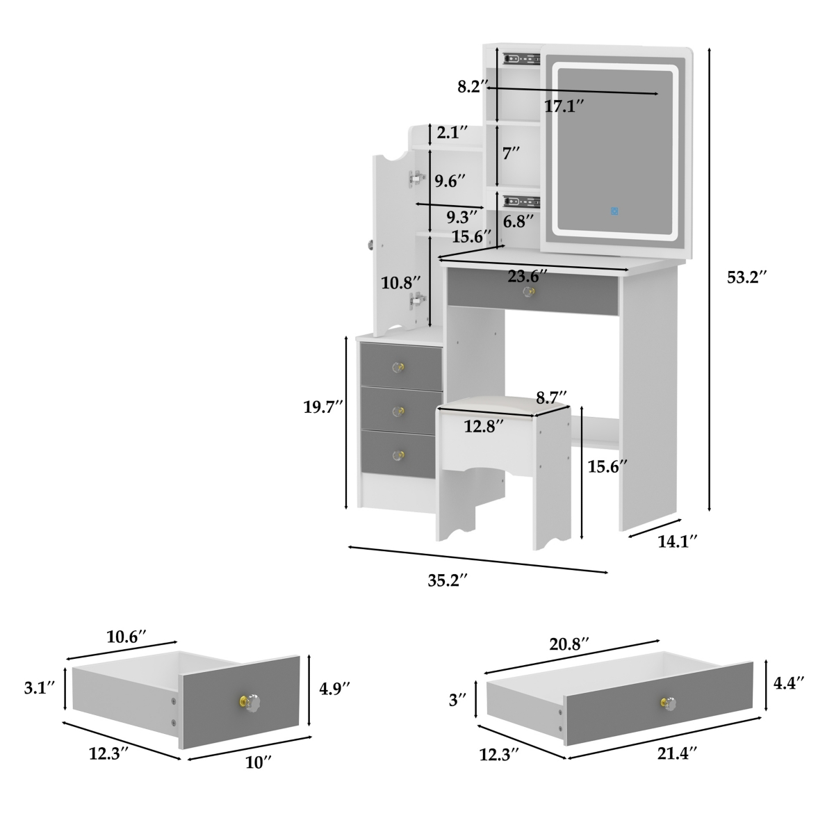 Homsee 4-Drawers Black Wood Led Sliding Mirror Makeup Vanity Sets Dressing Table Sets with Stool, Door Cabinet, Shelves