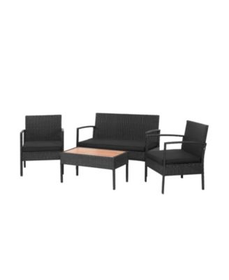 4 Pieces Patio Rattan Cushioned Furniture Set with Wooden Tabletop