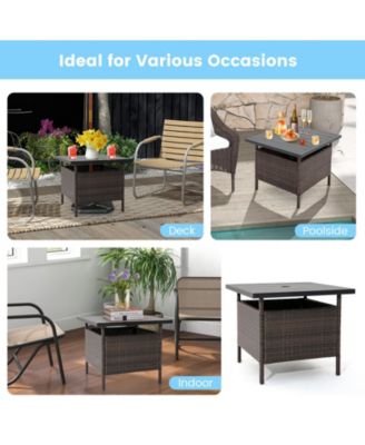 Patio Square Wicker Side Table with Umbrella Hole for Yard Garden Poolside