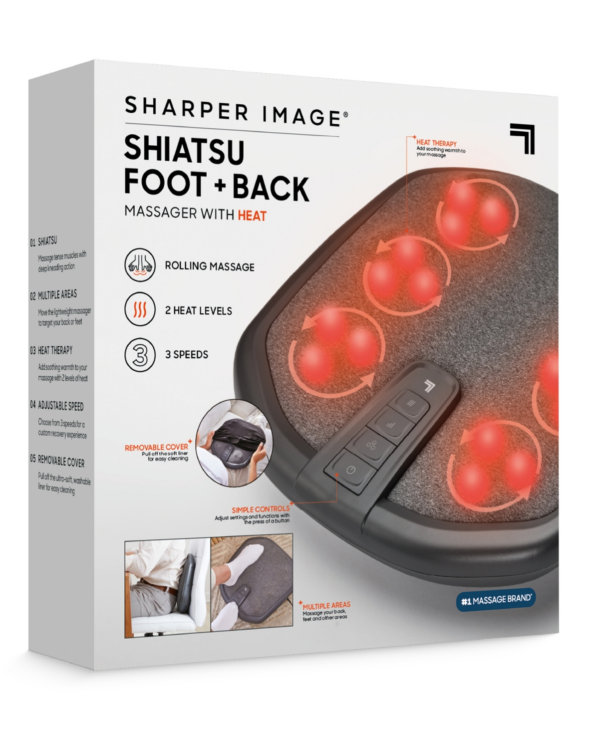 SHARPER IMAGE SHIATSU FOOT AND BACK MASSAGER WITH HEAT 